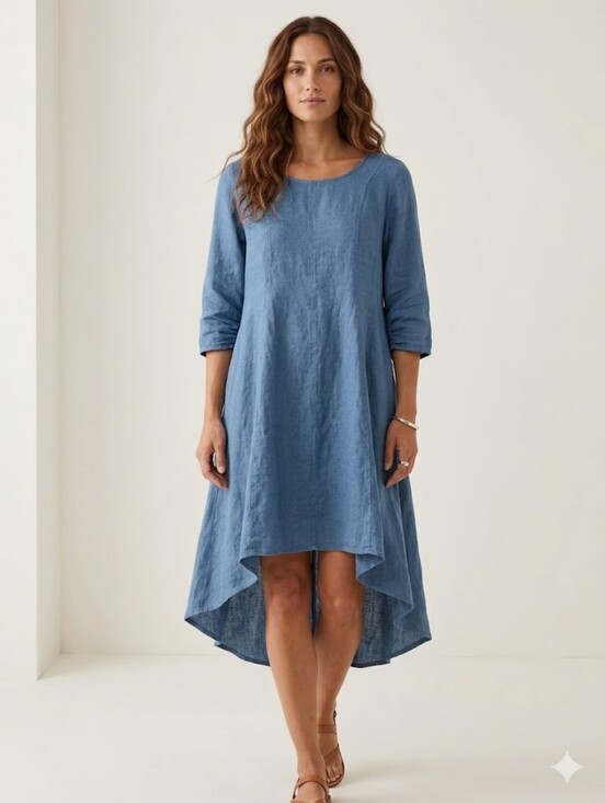 Bottega Di Brunella Dresses & Skirts - Light Blue High-Low Linen Dress with 3/4 Sleeves